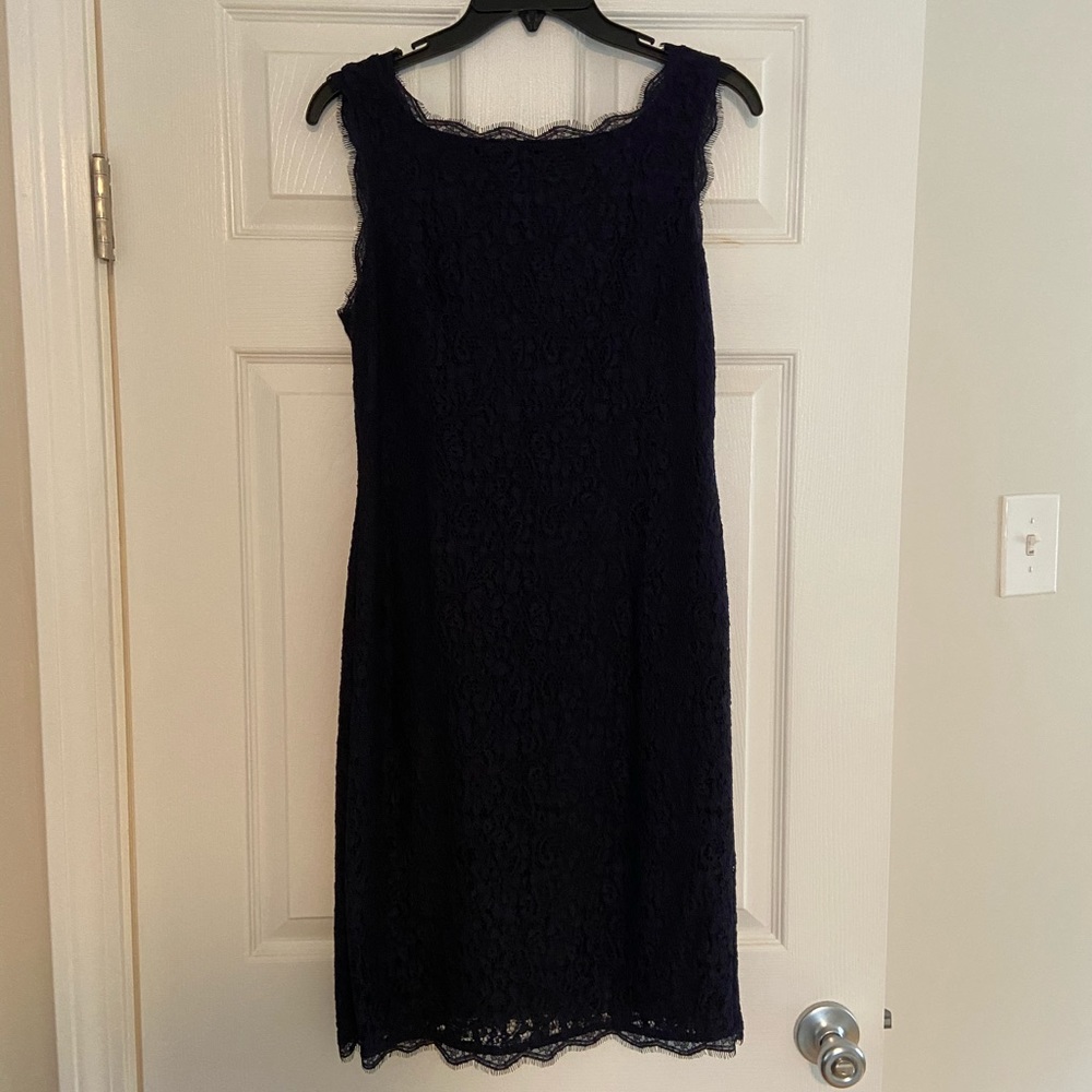 Navy lace shift dress by Adriana Pappell
